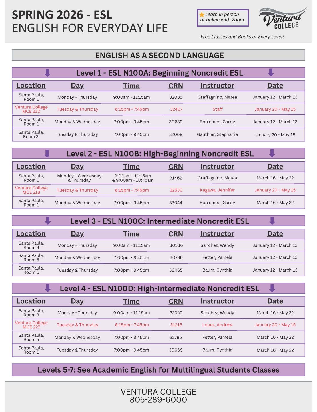 Spring 2026 ESL Classes, page 1