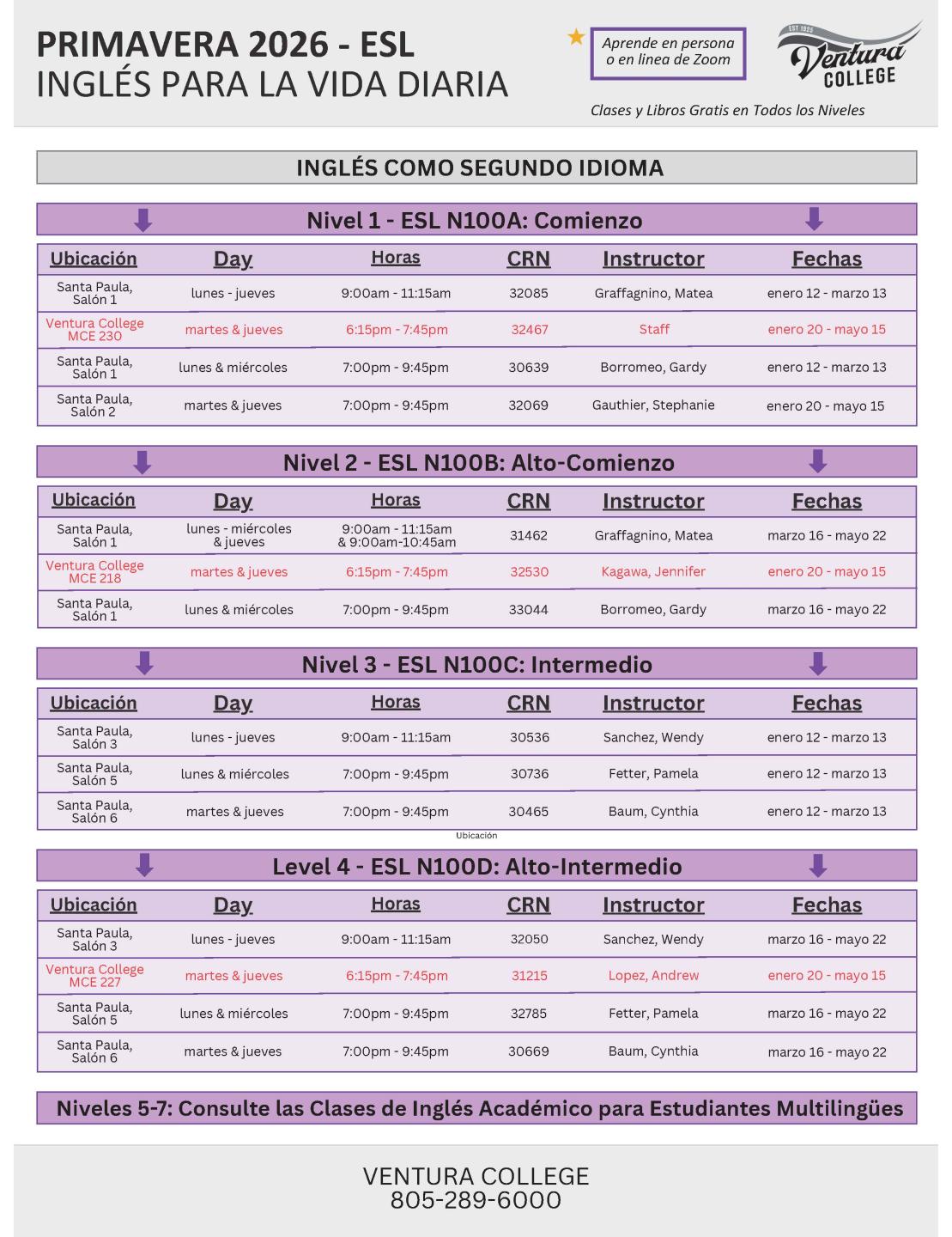 Spring 2026 ESL Classes, page 2