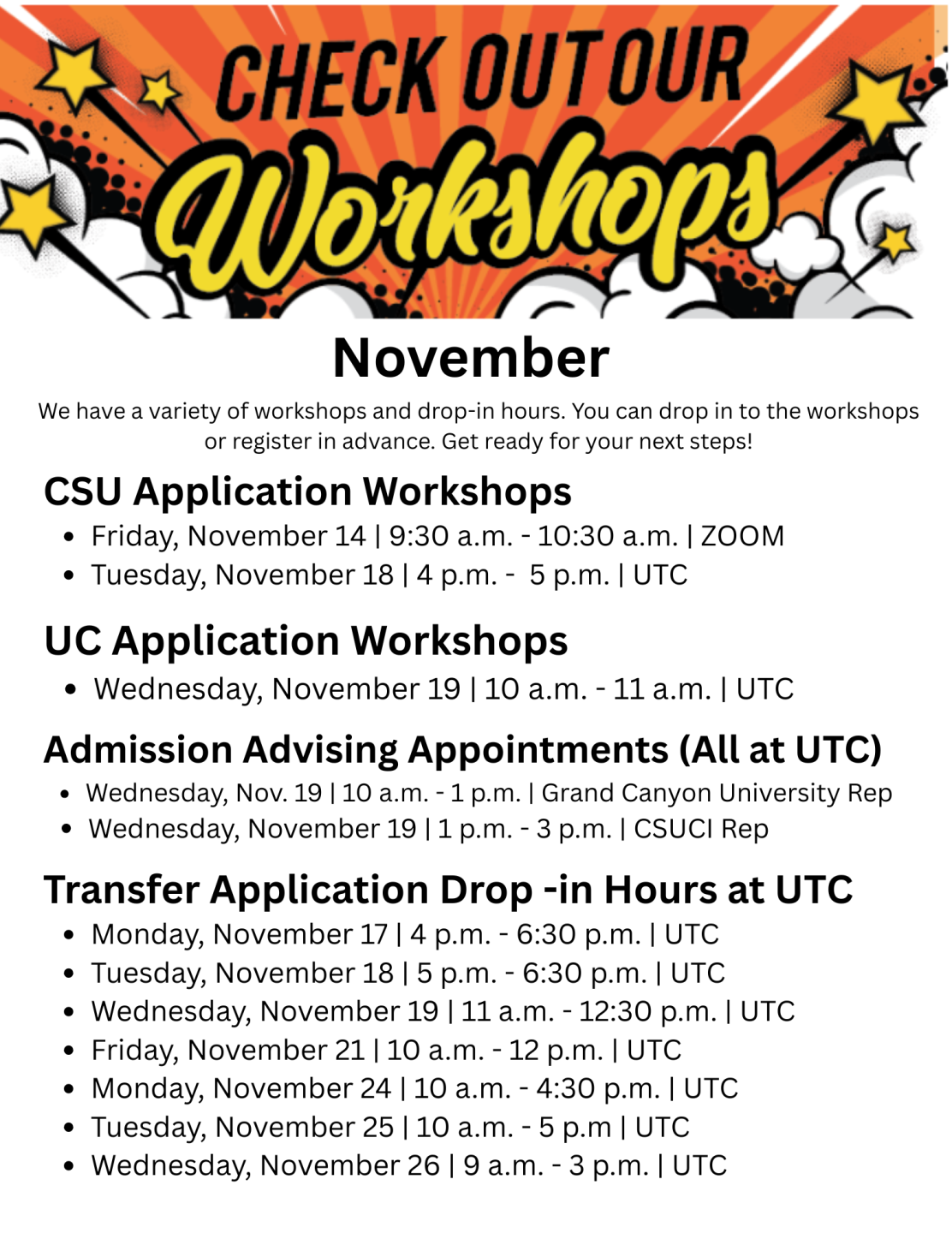 Check out our November Workshops! We have a variety of workshops and drop-in hours. See below on our website full list of workshops. Sign up link below. 