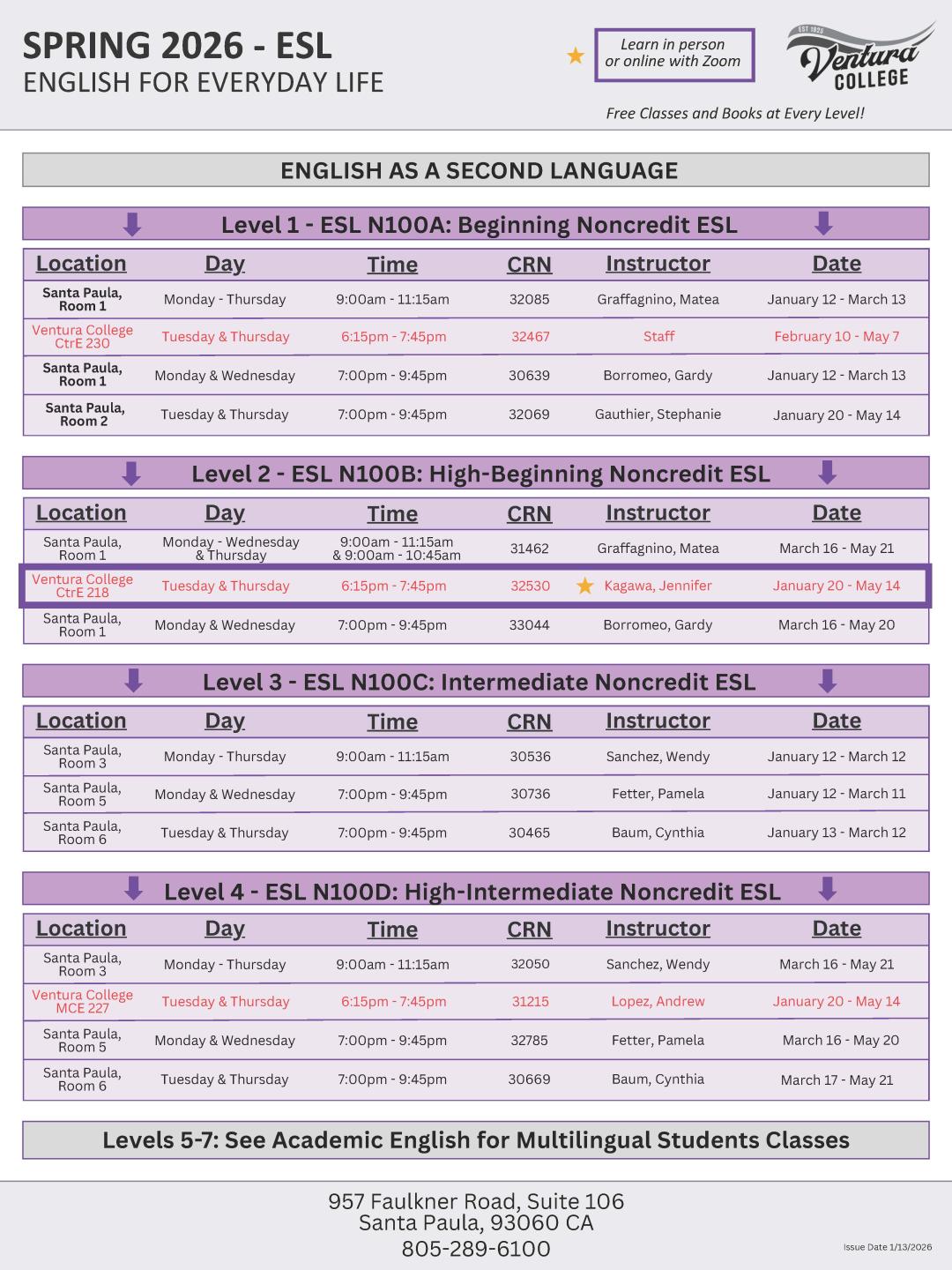 Spring 2026 ESL Classes, page 1