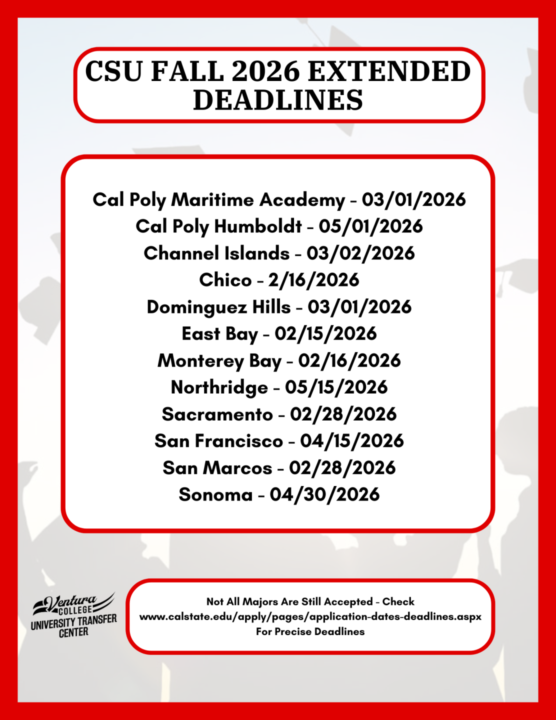CSU Fall 2026 Extended Deadlines. Cal Poly Maritime-3/1/26; Cal Poly Humboldt-5/1/26; CSUCI 3/2/226; Chico 2/16/26; Dominguez Hills 3/1/26; East Bay 2/15/26; Monterey Bay 2/16/26; Northridge 5/15/26; Sacramento 2/28/26; San Francisco 4/15/26; San Marcos 2/18/26; Sonoma 4/30/26; 