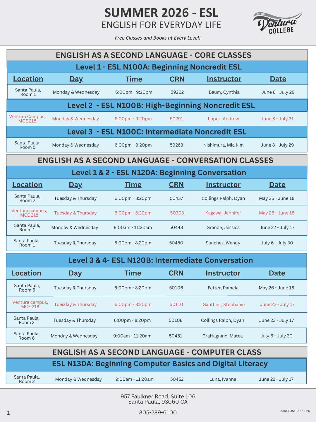 ESL Classes, Summer 2026, page 1