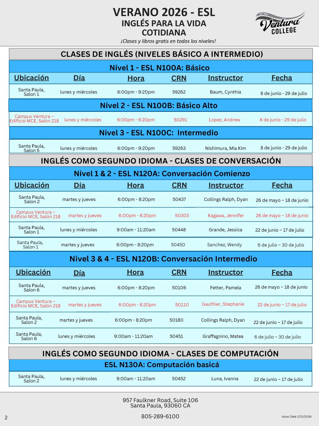 ESL Classes, Summer 2026, page 2