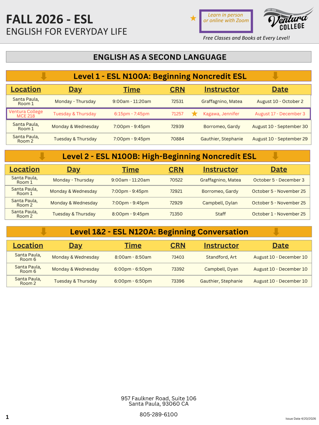 Fall 2026 ESL Schedule, page 1