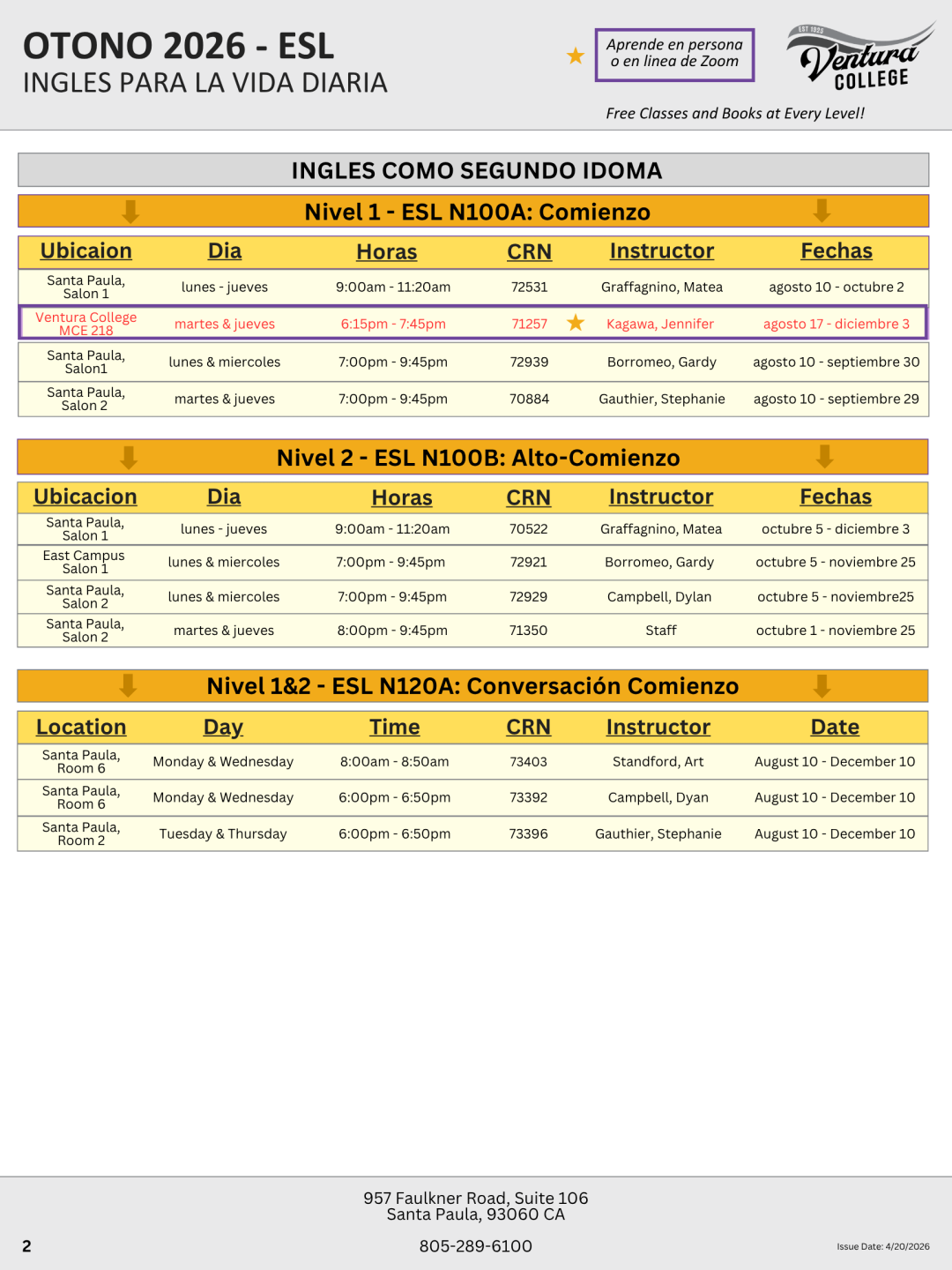 Fall 2026 ESL Schedule, page 2