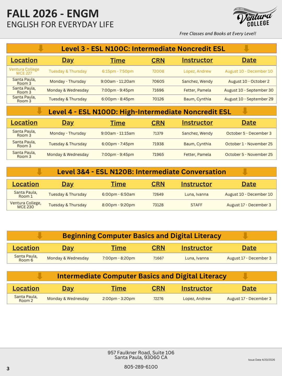 Fall 2026 ESL Schedule, Page 3