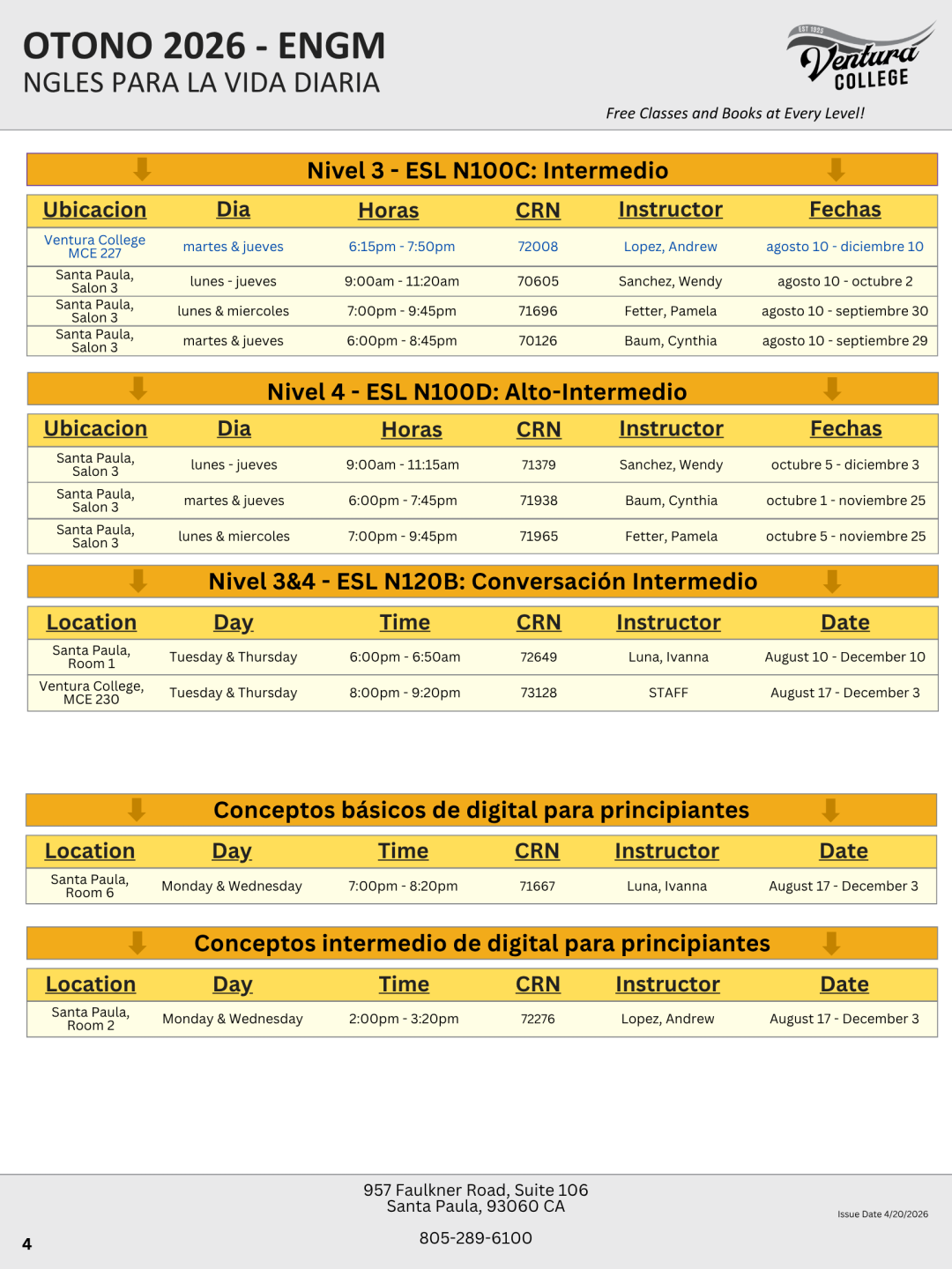 Fall 2026 ESL Schedule, page 4