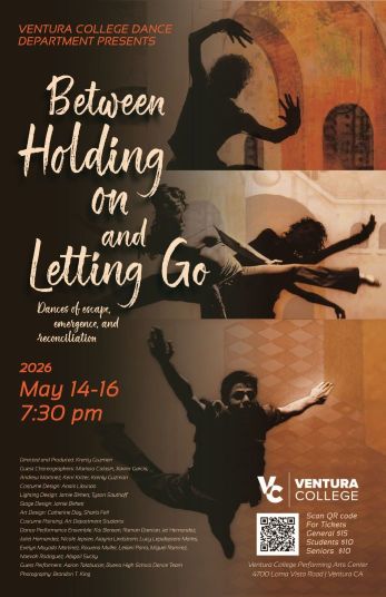 Spring 2026 Ventura College Dance Concert Poster featuring silhouettes of dancers in various poses on a brown to orange gradient background.