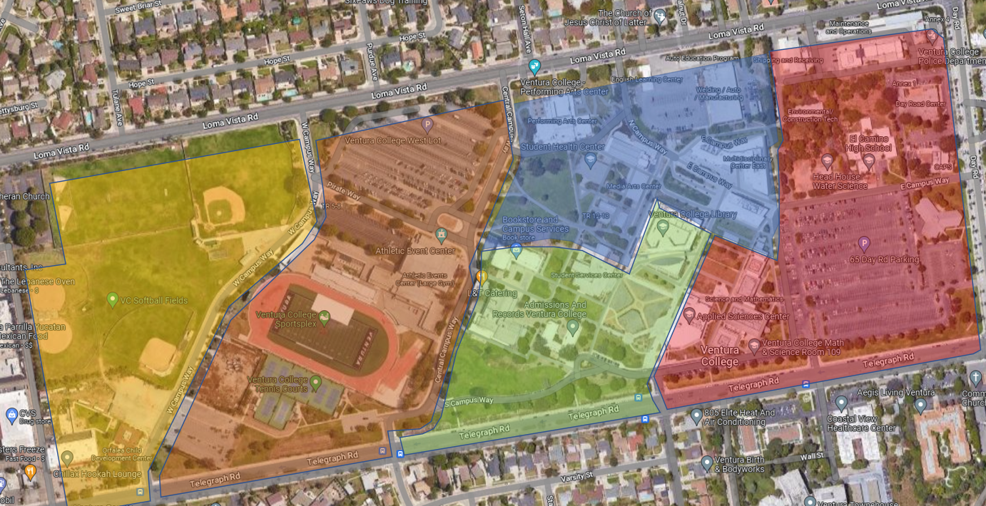 A screenshot from Google Maps displaying the entire campus areas of work highlighting which areas are maintained throughout the week.