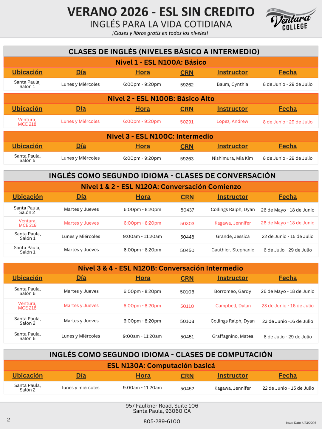 ESL Classes, Summer 2026, page 2 of 2