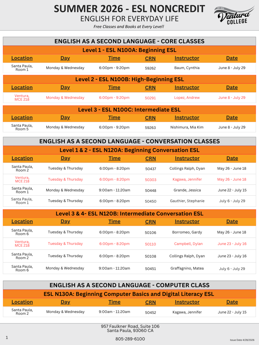 ESL classes, Summer 2026, page 1of 2