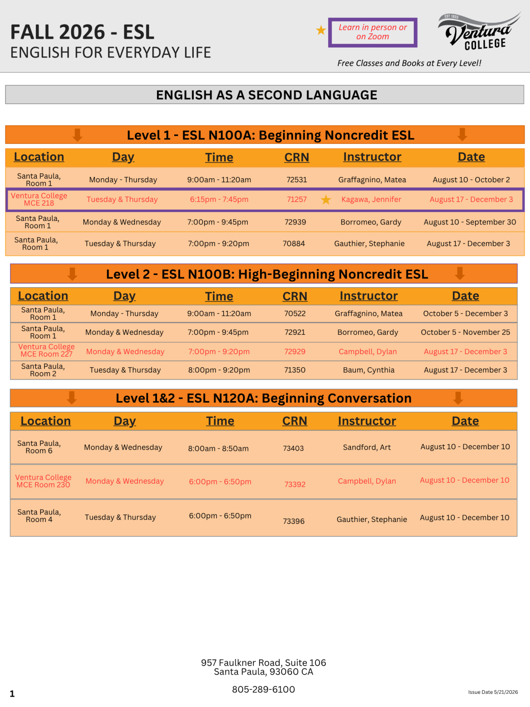 Fall 2026 Beginning to Intermediate ESL Classes, page 1 of 4
