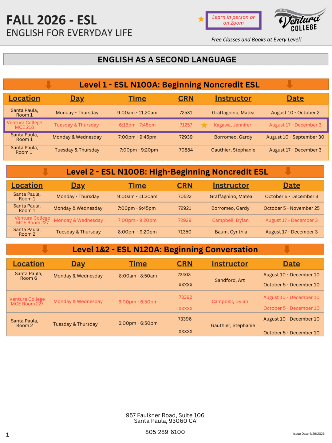 Fall ESL Schedule, Beginning to Intermediate, Page 1 of 4