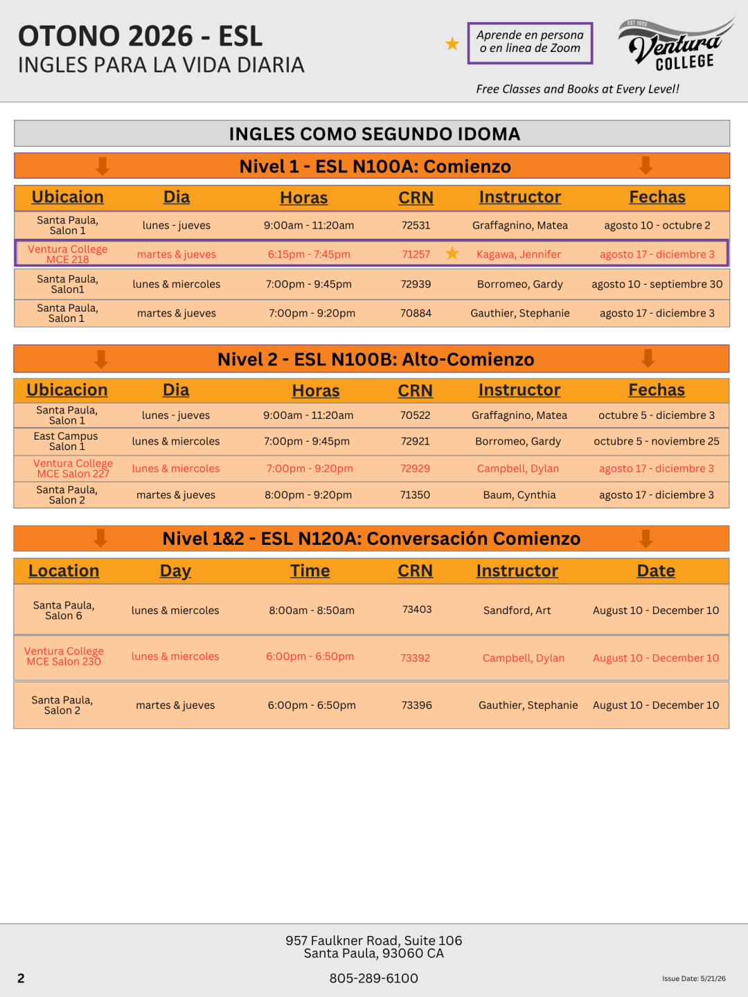 Fall 2026 Beginning to Intermediate ESL Classes, page 2 of 4