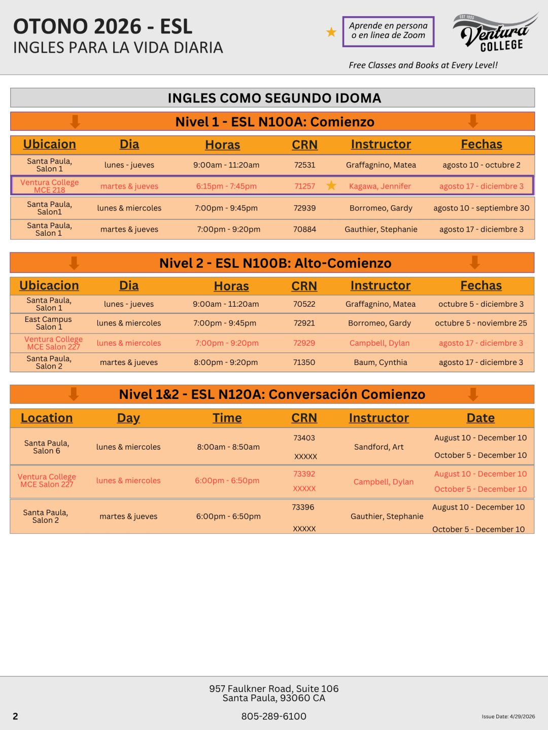Fall ESL Schedule, Beginning to Intermediate, Page 2 of 4