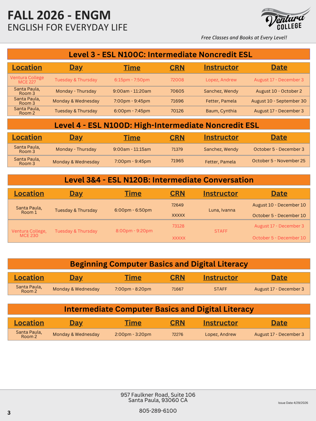 Fall ESL Schedule, Beginning to Intermediate, Page 1 of 4