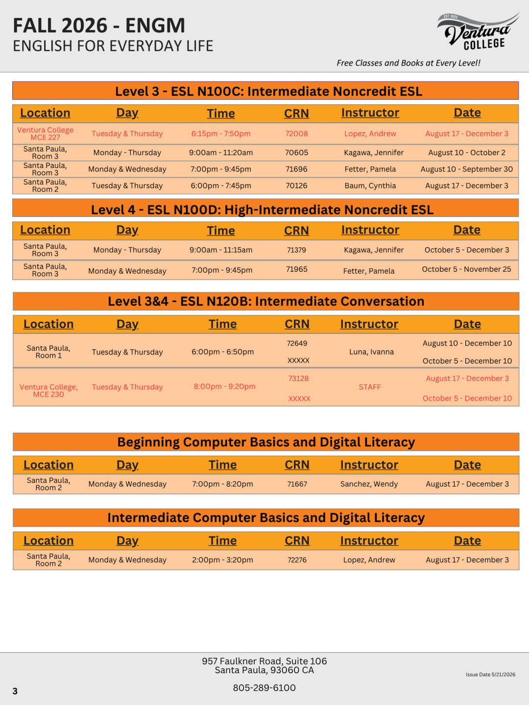 Fall 2026 Beginning to Intermediate ESL Classes, page 3 of 4