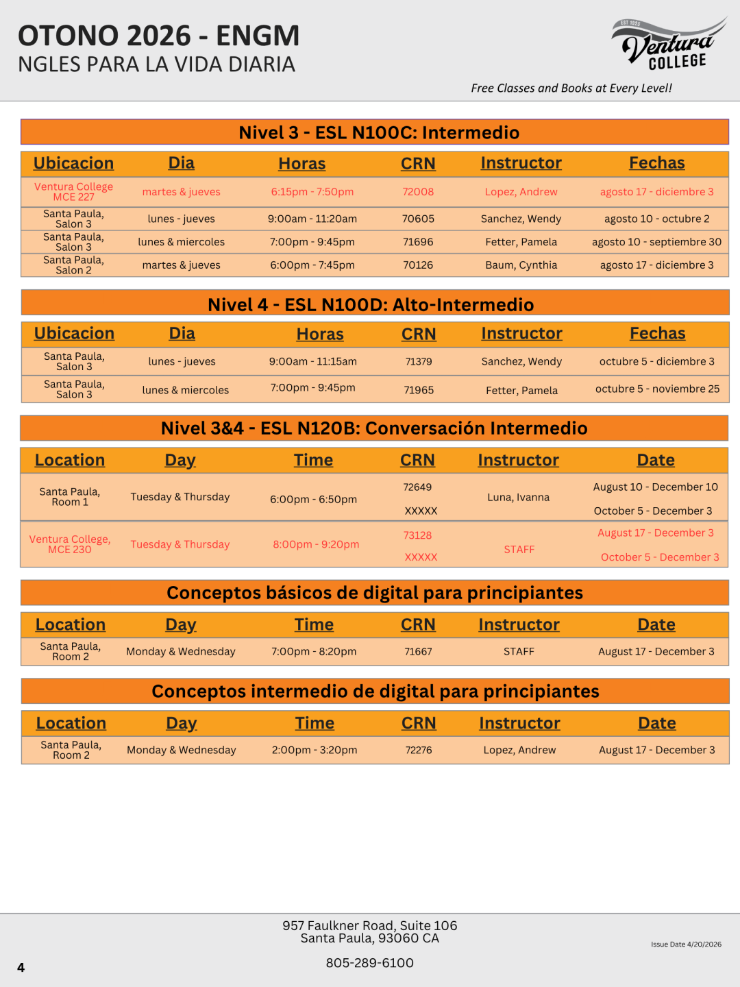 Fall ESL Schedule, Beginning to Intermediate, Page 4 of 4