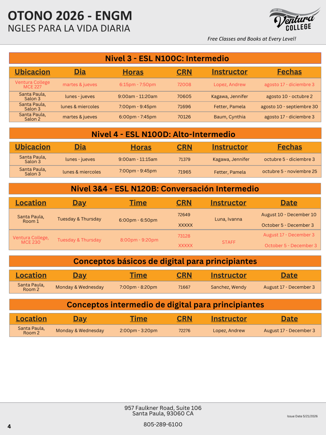 Fall 2026 Beginning to Intermediate ESL Classes, page 4 of 4