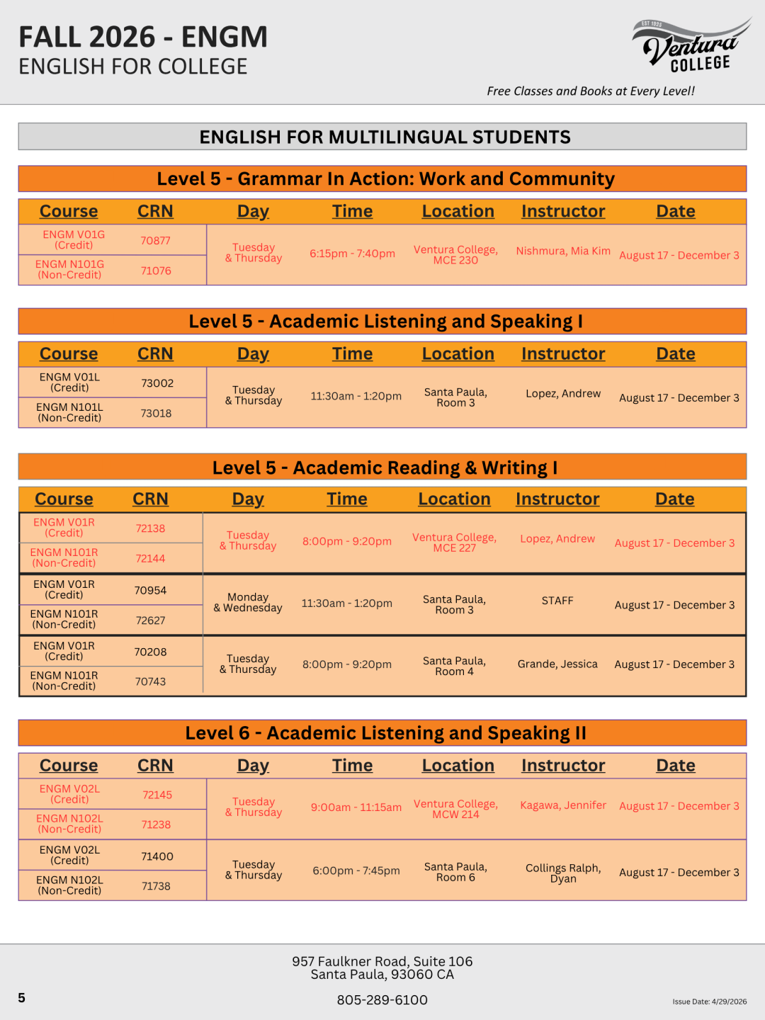 Fall ESL Schedule, Intermediate to Advanced, Page 1 of 4