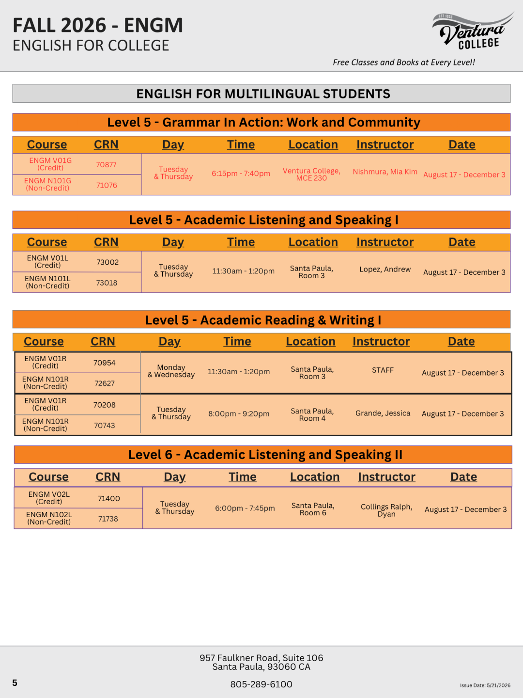 Fall 2026 Intermediate to Advanced ESL Classes, page 1 of 4