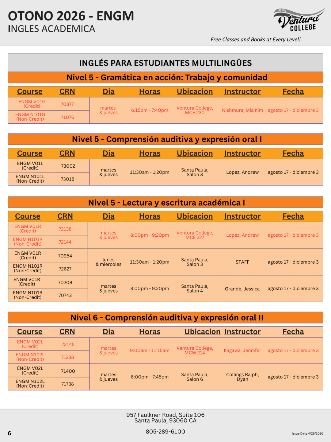 Fall ESL Schedule, Intermediate to Advanced, Page 2 of 4