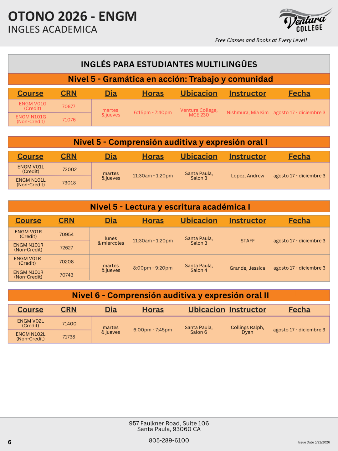 Fall 2026 Intermediate to Advanced ESL Classes, page 2 of 4