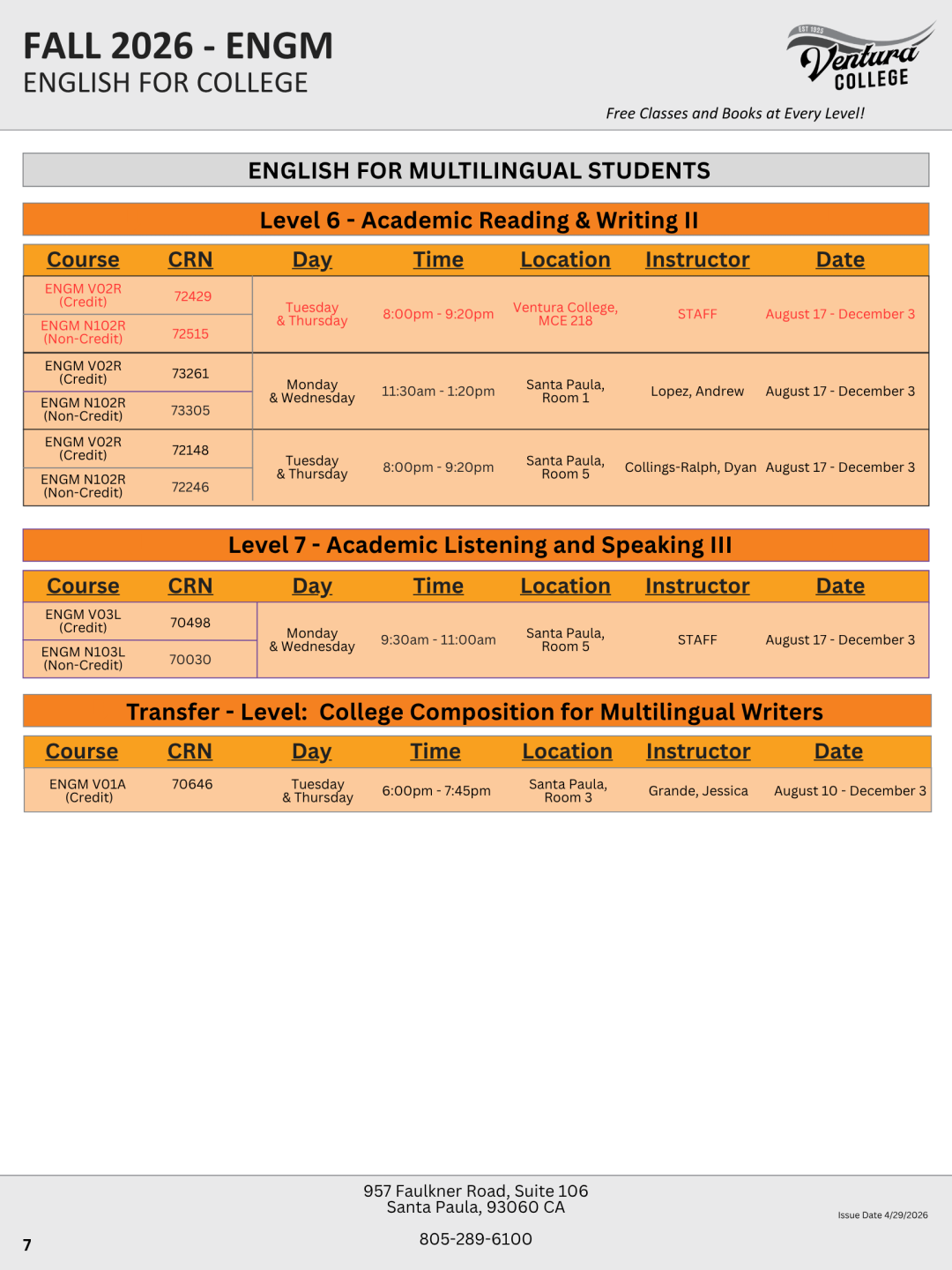 Fall ESL Schedule, Intermediate to Advanced, Page 3 of 4