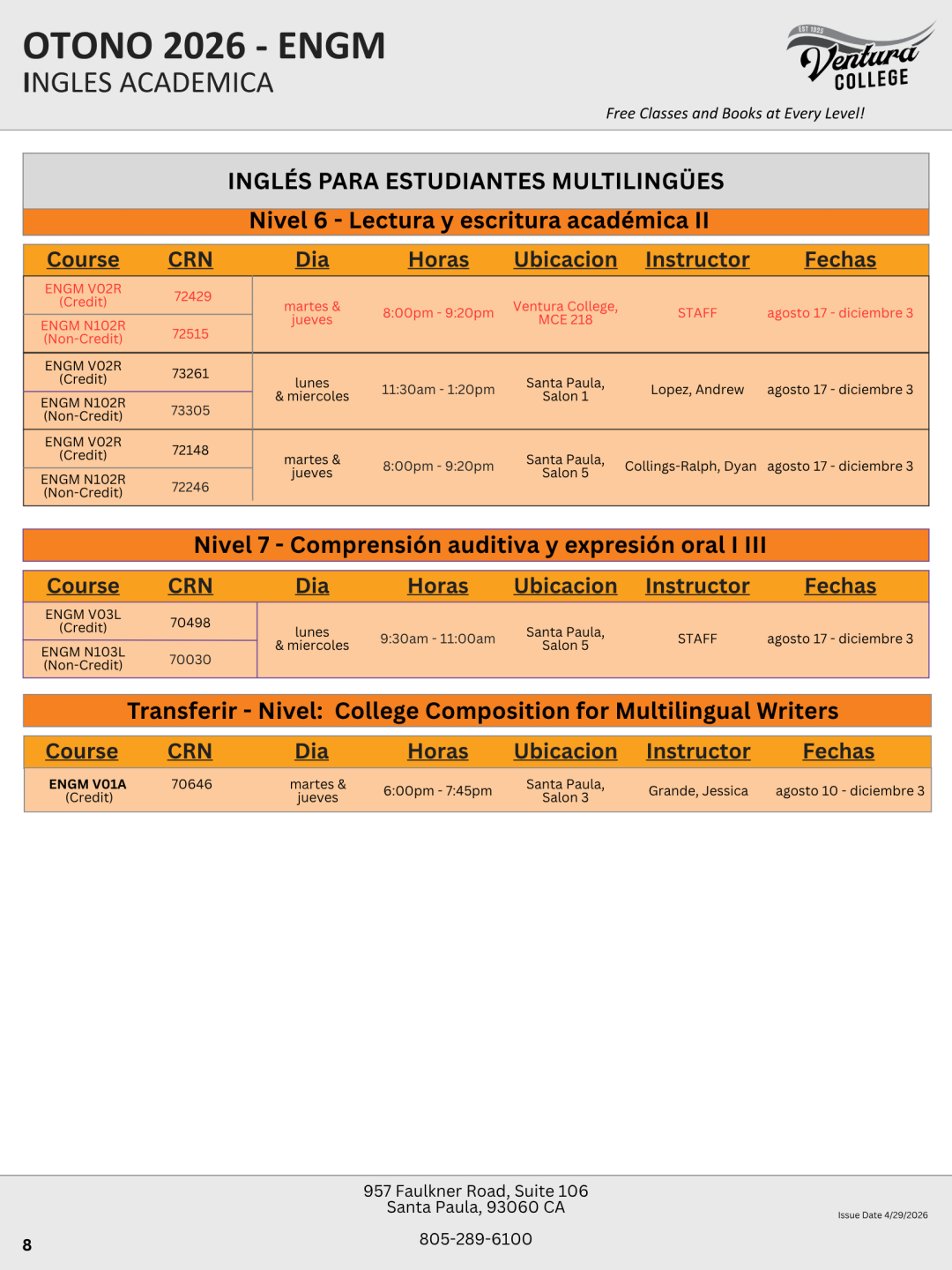 Fall ESL Schedule, Intermediate to Advanced, Page 4 of 4