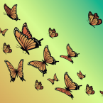 Several butterflies flying upward on a desaturated yellow an