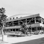 Black and white photo of the LRC building at Ventura College.