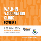 [Walk-in Vaccination Clinic October 1, 8:00 AM - 1:00 PM, Ventura College Guthrie Hall, Offering Pfizer and J&J Vacccines, logos for Ventura College and County of Ventura.
