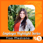 Employee Highlight Series, Tisa Medrano, photo of Tisa smiling, standing in front of greenery, wearing an orange shirt with a grey knit blazer