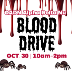 OADN Alpha Deta Nu Blood Drive Oct 30 10 AM to 2 PM - graphics include spiders and blood