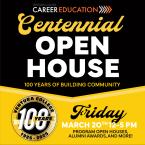 Career Education Centennial Open House 100 years of building community Friday March 20 from Noon to 5 pm VC Centeennial logo, program open houses alumni awards
