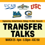 Transfer Talks March 24 4 pm to 5 30 ASC 150 Engineering Animal Science Pre Med Rsearch Biology logos for UCSB Cal Poly SLO USC UCLA and UC Davis
