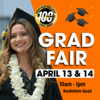 Ventura College grad with black cap and gown and lei VC 100 year logo 1925 to 2000 April 13 and 14 fom 10 am to 1 pm VC Bookstore Quad