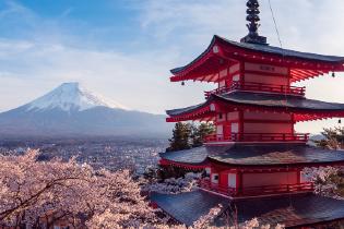 A Japanese pagoda with a view of mount Fuji. 