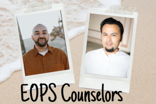 Background photo of beach with sand and water, polaroid photos of two men, text that reads 'EOPS Counselors'