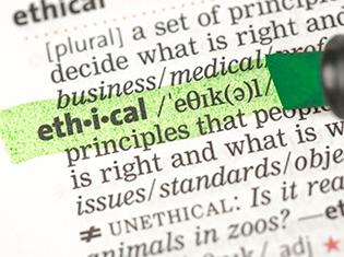 The word "ethical" highlighted in a dictionary.