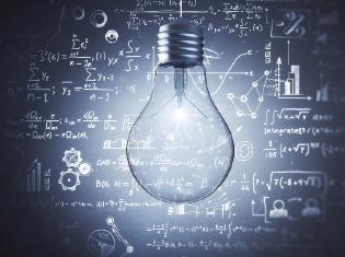 A lightbulb in front of several mathematical equations.