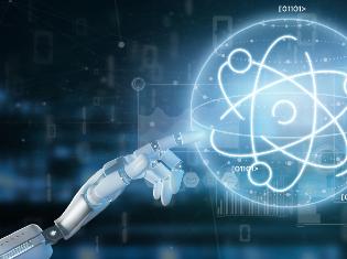 A robotic arm grasping at a depiction of an atom.