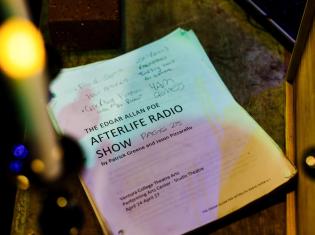 Image of a script with production notes for VC Theatre Arts production of The Edgar Allen Poe Afterlife Radio Show (Spring 2025)