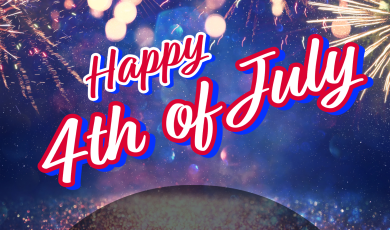 A festive graphic with colorful fireworks in the night sky, 