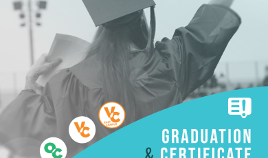 Graduate seen from behind holding a hand in the air. Text th