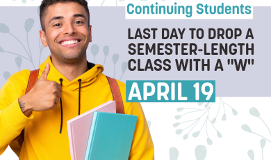 Text “Spring 2024. Continuing Students. Last day to drop a s