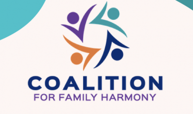 {White and aqua graphic logo for the Coalition for Family Harmony. Shows a with a circle of graphics in purple, orange and blue representing a family.]