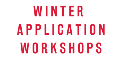 White background, red letters read Winter Application Workshops, CSU logo,