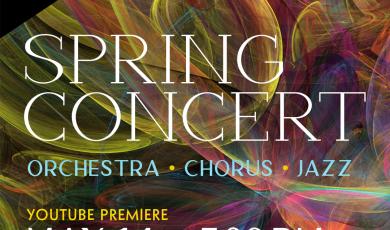 [Graphic with multi-colored design overlaid on black. White letters announce Ventura College Music Department Spring Concert 2021 on May 14 at 7:30 pm.]