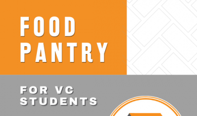 [Orange and gray blocks with brick pattern, Ventura College logo and Basic Needs logo, reads Food Pantry for VC Students]